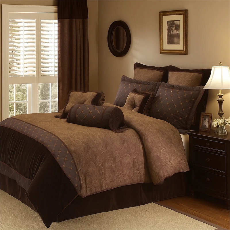 Benjara 10 Piece King Polyester Comforter Set with Paisley Pattern Design- Brown