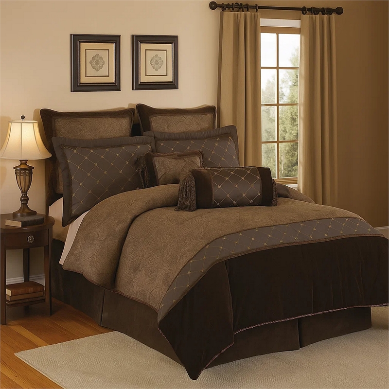 Benjara 9 Piece Queen Polyester Comforter Set with Paisley Pattern Design- Brown