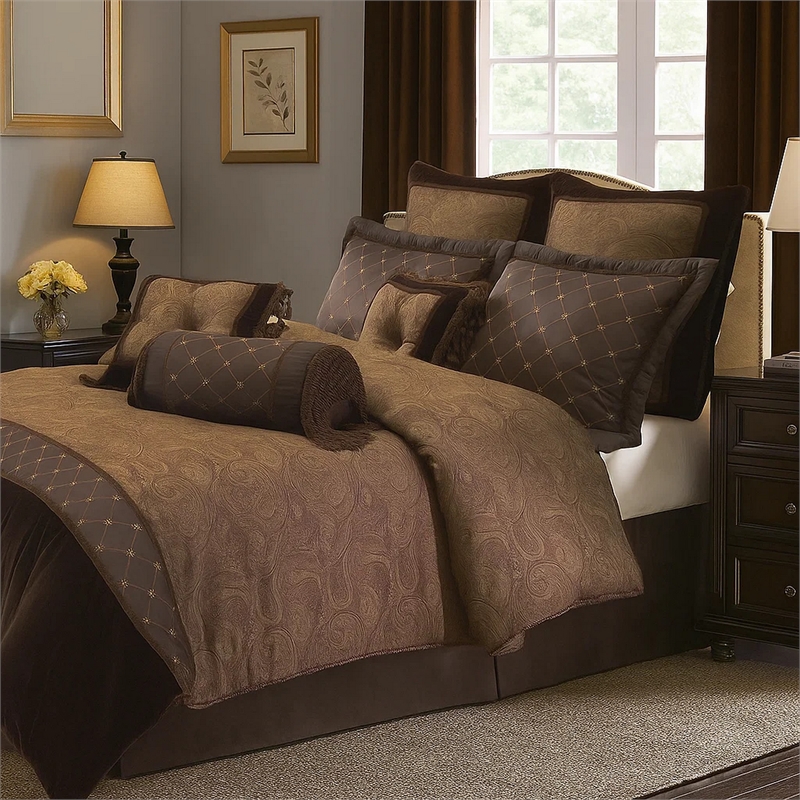 Benjara 9 Piece Queen Polyester Comforter Set with Paisley Pattern Design- Brown