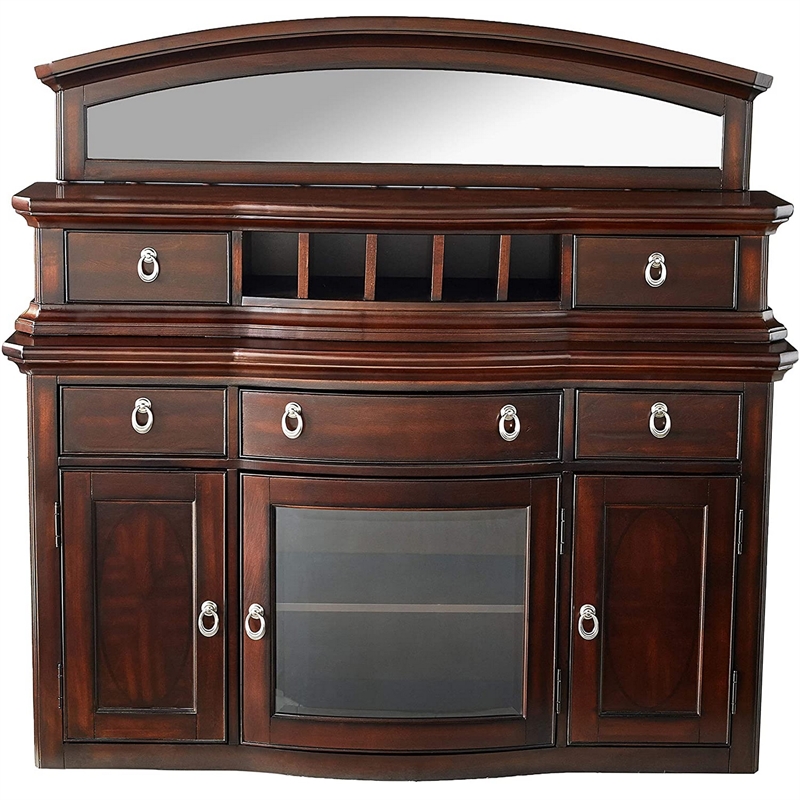 Benjara 5 Drawer Wooden Server with Mirror and 3 Door Storage- Brown