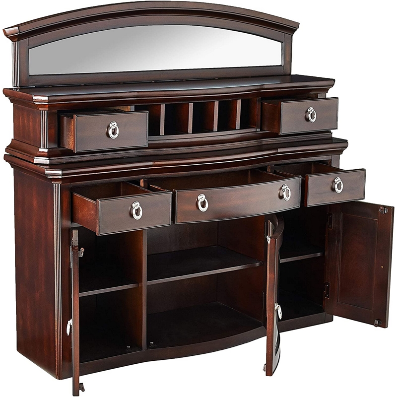 Benjara 5 Drawer Wooden Server with Mirror and 3 Door Storage- Brown
