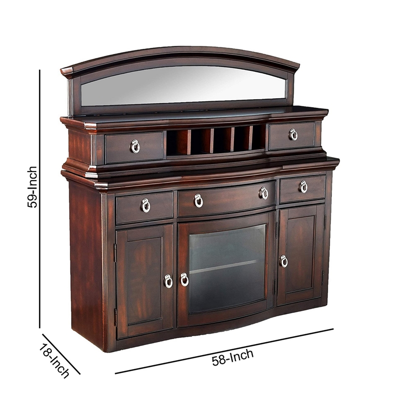 Benjara 5 Drawer Wooden Server with Mirror and 3 Door Storage- Brown