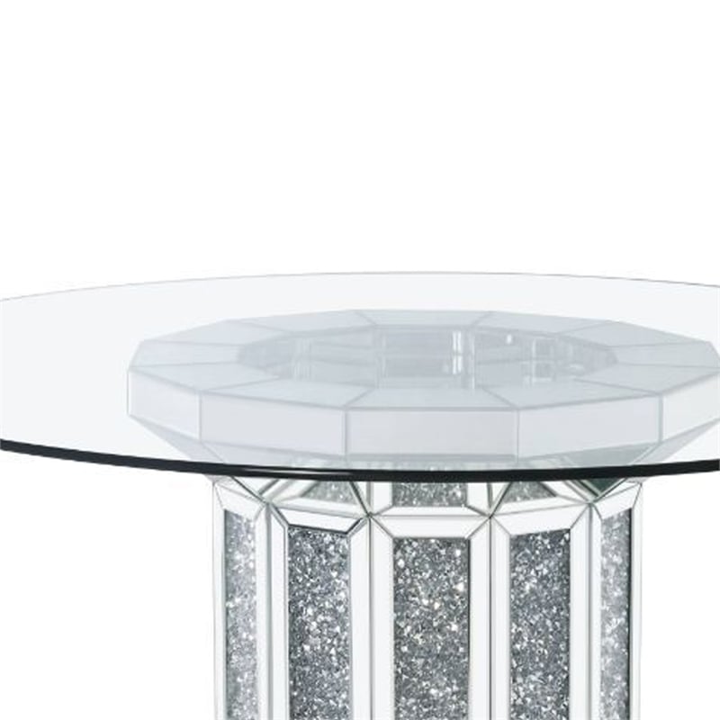 Benjara Round Glass Top Dining Table with Cross Oval Base- Silver