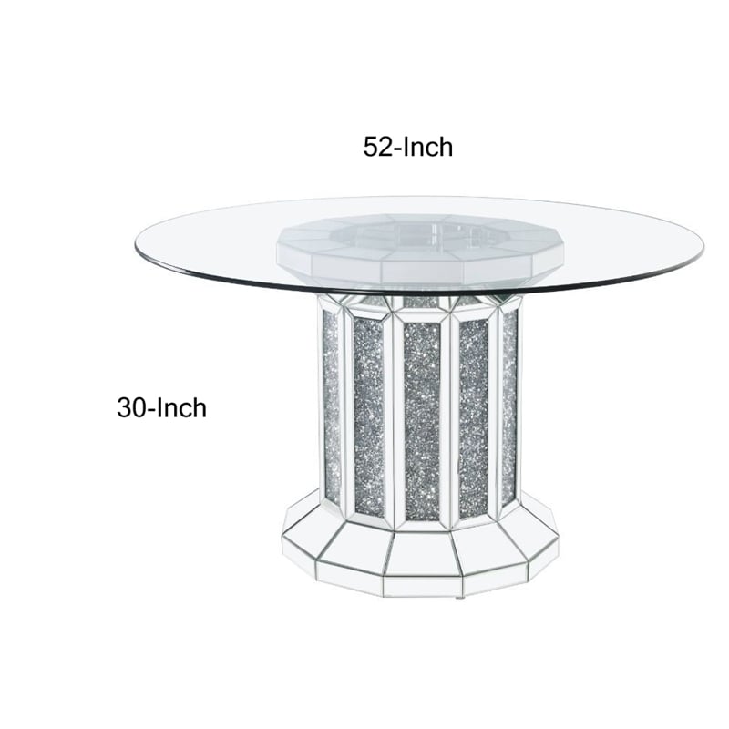 Benjara Round Glass Top Dining Table with Cross Oval Base- Silver