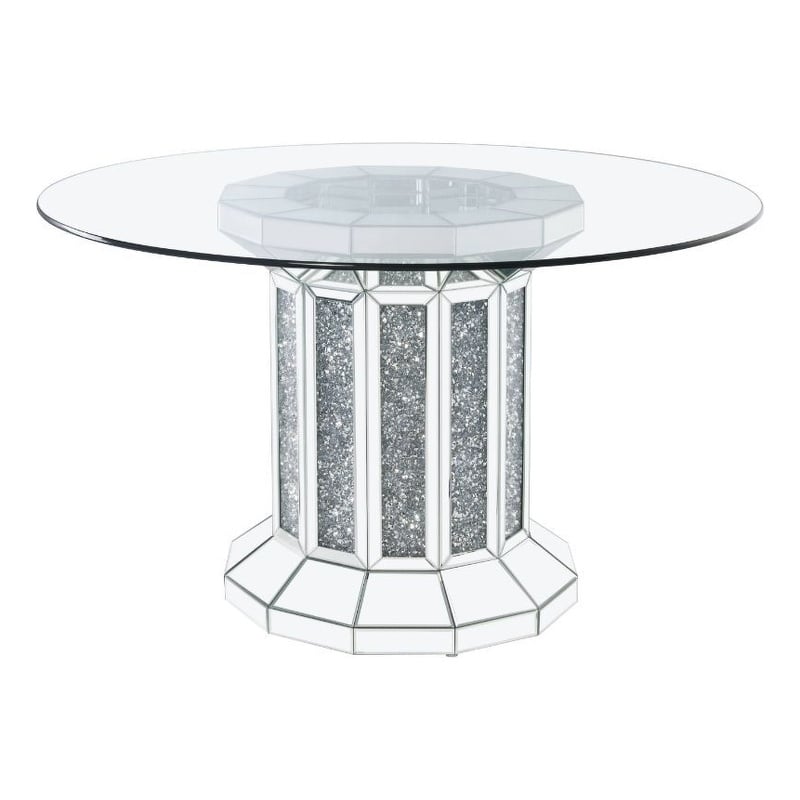 Benjara Round Glass Top Dining Table with Cross Oval Base- Silver