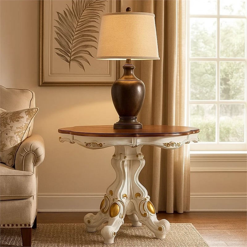 Benjara Scalloped Top Counter Table with Scrolled Pedestal Base- White and Brown