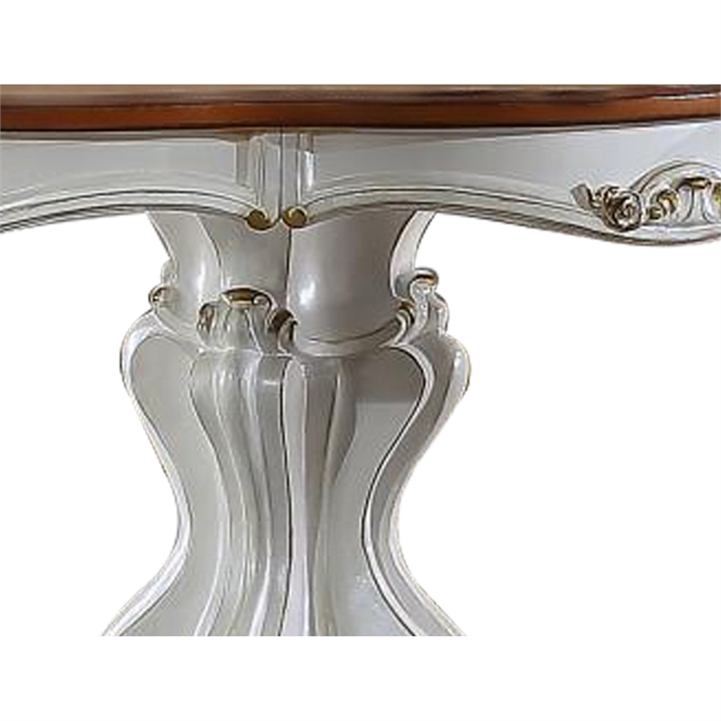 Benjara Scalloped Top Counter Table with Scrolled Pedestal Base- White and Brown
