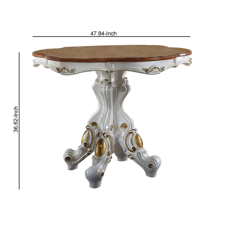 Benjara Scalloped Top Counter Table with Scrolled Pedestal Base- White and Brown