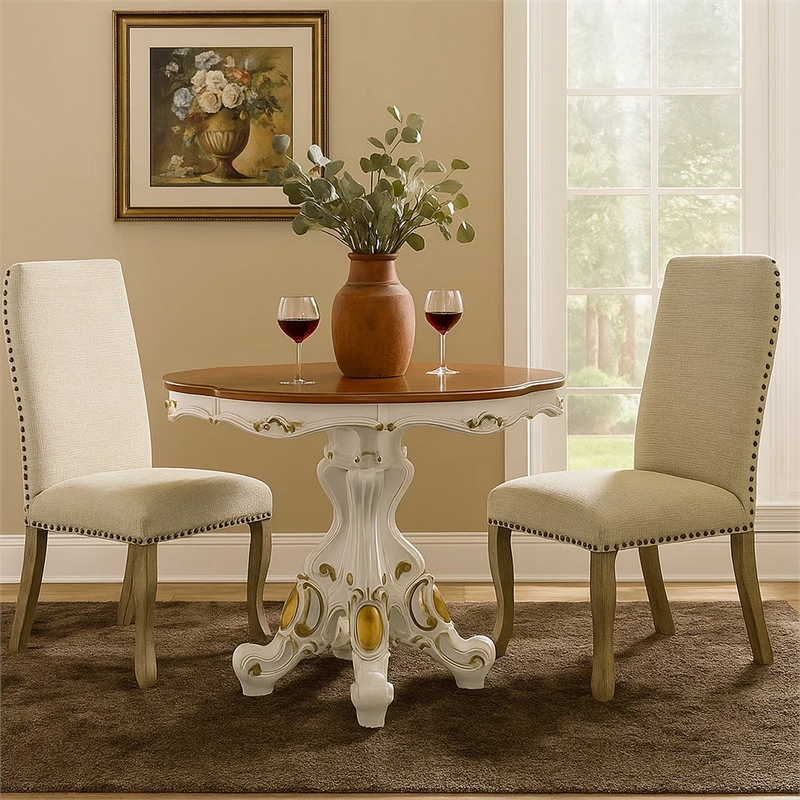 Benjara Scalloped Top Counter Table with Scrolled Pedestal Base- White and Brown