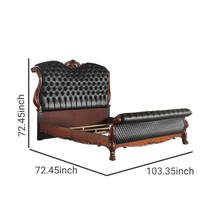 Benjara Sleigh Rolled Design Leatherette Queen Size Bed with Claw Legs- Black