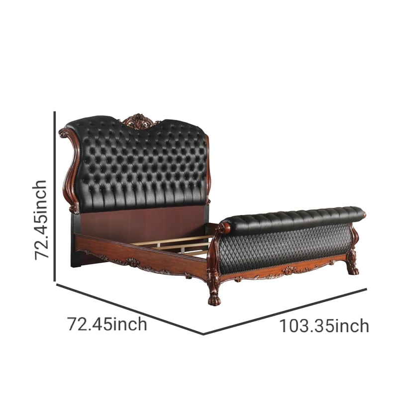 Benjara Sleigh Rolled Design Leatherette Queen Size Bed with Claw Legs- Black
