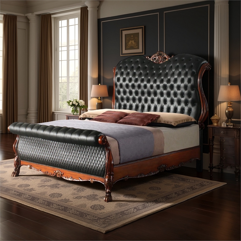 Benjara Sleigh Rolled Design Leatherette Queen Size Bed with Claw Legs- Black