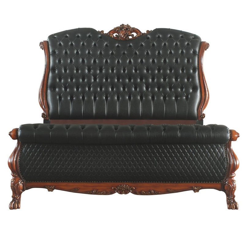 Benjara Sleigh Rolled Design Leatherette Queen Size Bed with Claw Legs- Black