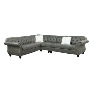 Benjara Leatherette 4 PC Sectional with Crystal Tufted Back & Rolled Arm- Gray