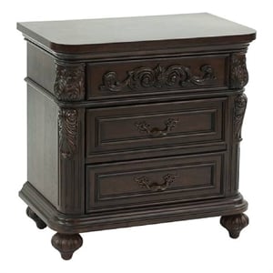 Benjara 30 Inches 3 Drawer Engraved Wooden Nightstand- Brown