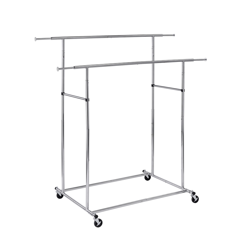 Benjara Dual Bar Tubular Metal Frame Garment Rack with Casters- Chrome