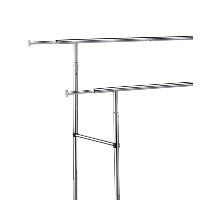 Benjara Dual Bar Tubular Metal Frame Garment Rack with Casters- Chrome