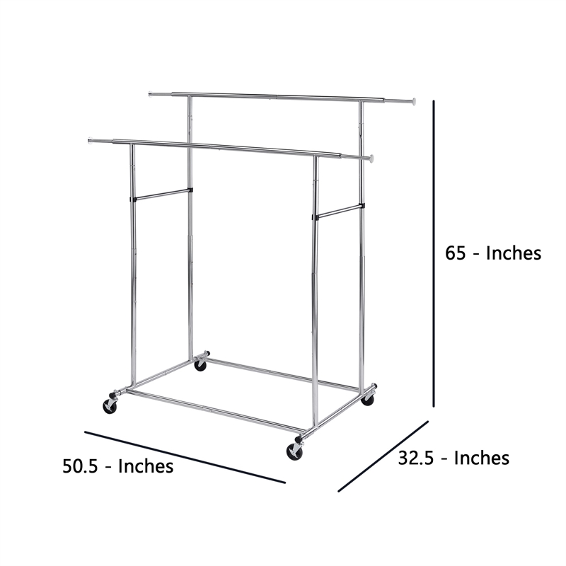 Benjara Dual Bar Tubular Metal Frame Garment Rack with Casters- Chrome
