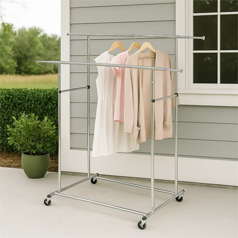Benjara Dual Bar Tubular Metal Frame Garment Rack with Casters- Chrome