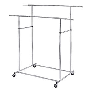 Benjara Dual Bar Tubular Metal Frame Garment Rack with Casters- Chrome