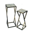 Benjara Stone Top Plant Stand with Geometric Base (Set of 2)- Black and Gray