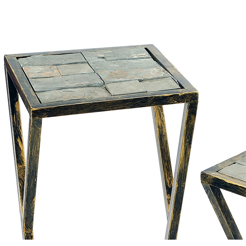 Benjara Stone Top Plant Stand with Geometric Base (Set of 2)- Black and Gray
