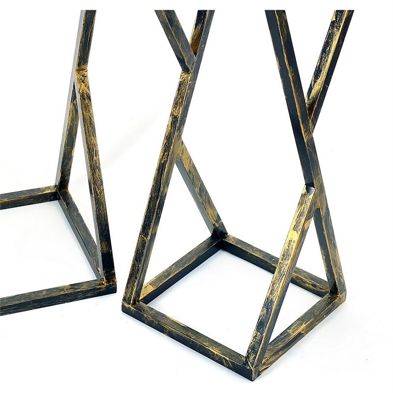 Benjara Stone Top Plant Stand with Geometric Base (Set of 2)- Black and Gray
