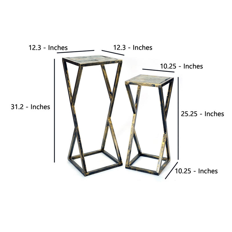 Benjara Stone Top Plant Stand with Geometric Base (Set of 2)- Black and Gray