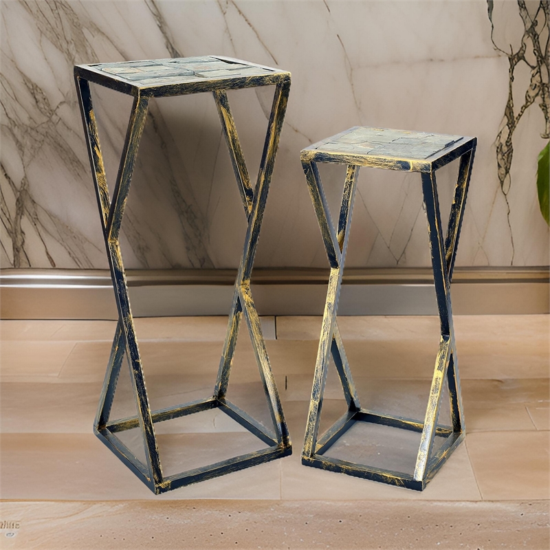 Benjara Stone Top Plant Stand with Geometric Base (Set of 2)- Black and Gray