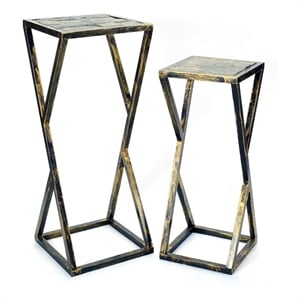 Benjara Stone Top Plant Stand with Geometric Base (Set of 2)- Black and Gray