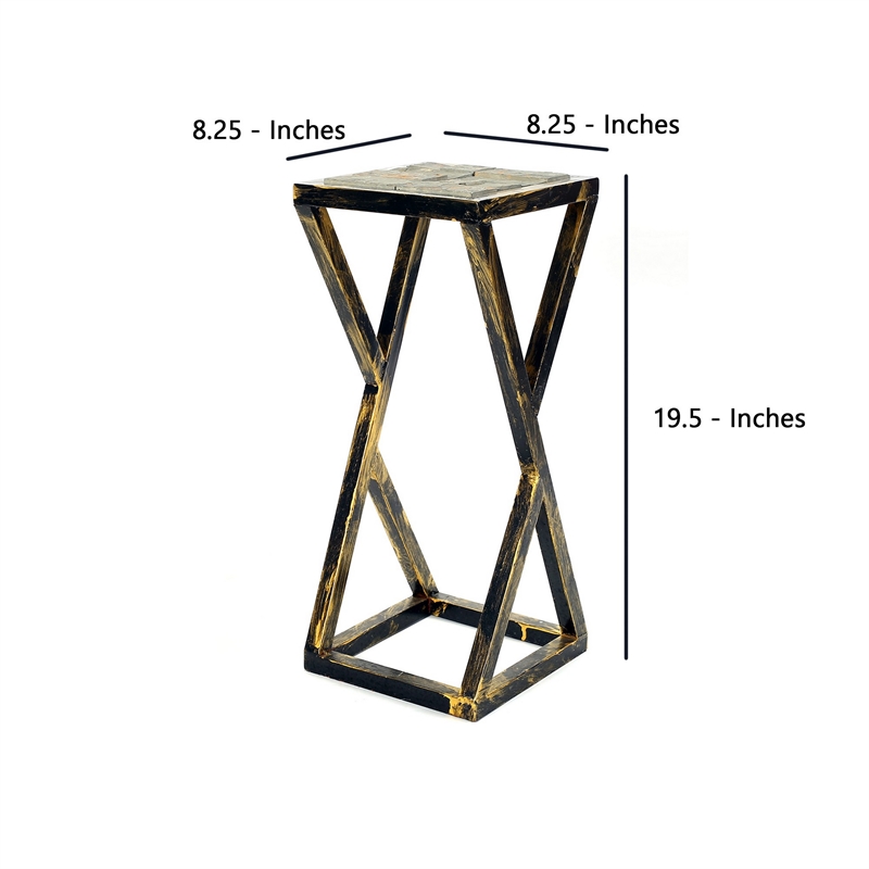 Benjara 19.5 Inches Stone Top Plant Stand with Geometric Base- Black and Gray