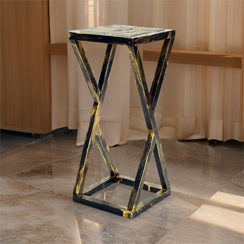 Benjara 19.5 Inches Stone Top Plant Stand with Geometric Base- Black and Gray
