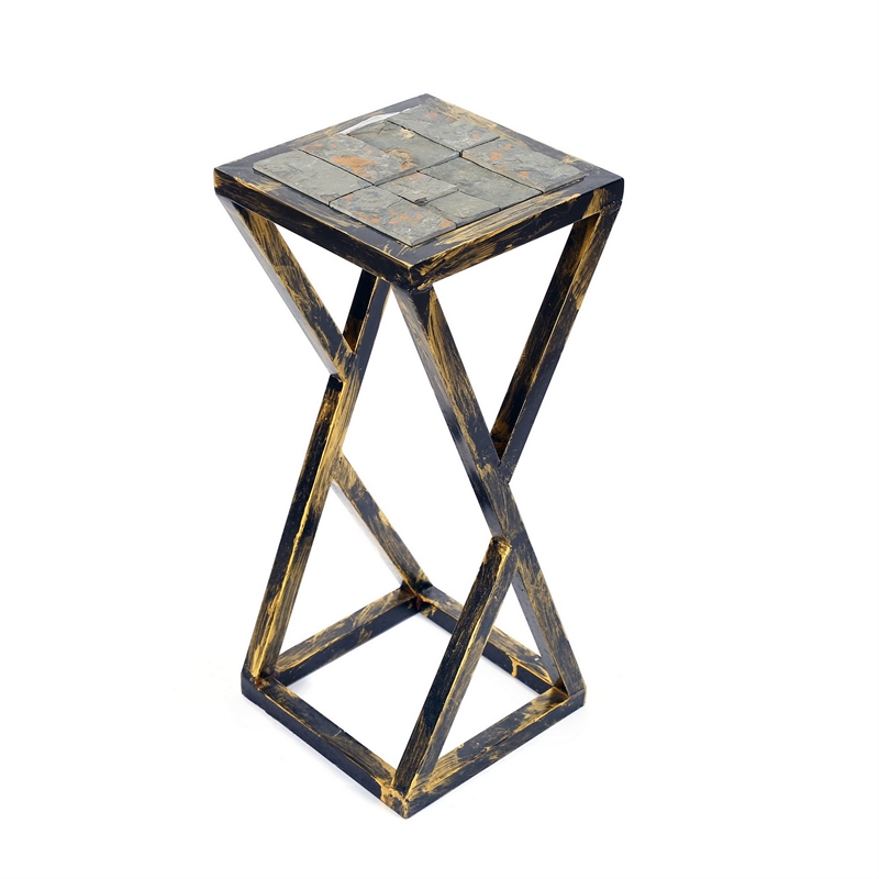 Benjara 19.5 Inches Stone Top Plant Stand with Geometric Base- Black and Gray