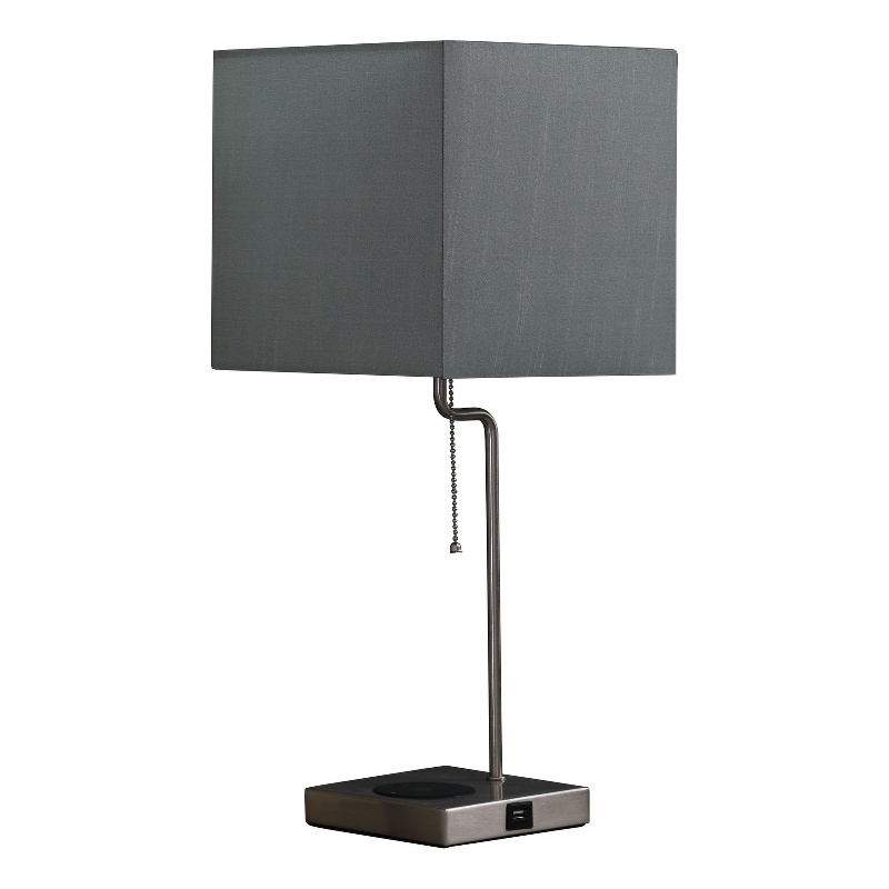 Benjara Table Lamp with Wireless Charging and Square Shade- Silver