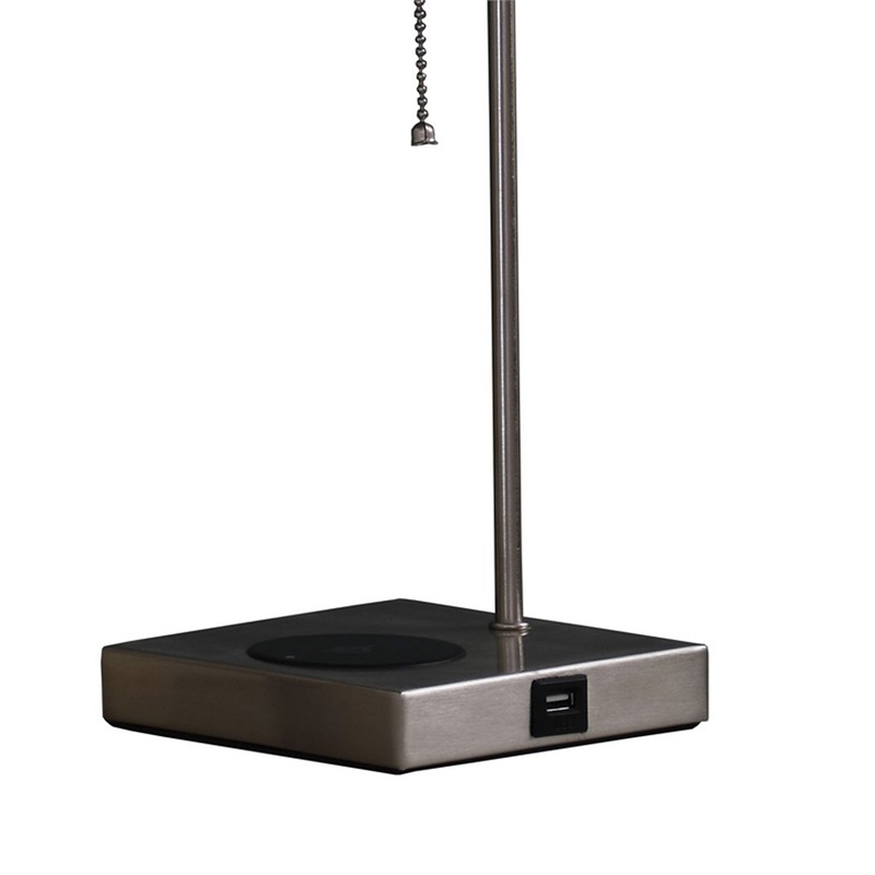 Benjara Table Lamp with Wireless Charging and Square Shade- Silver