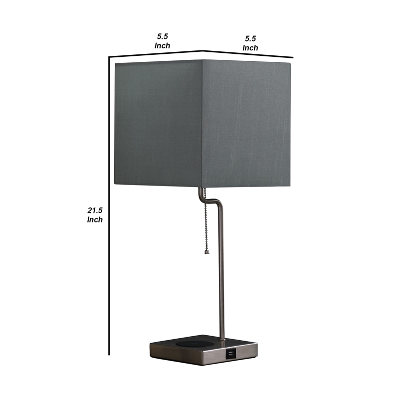 Benjara Table Lamp with Wireless Charging and Square Shade- Silver