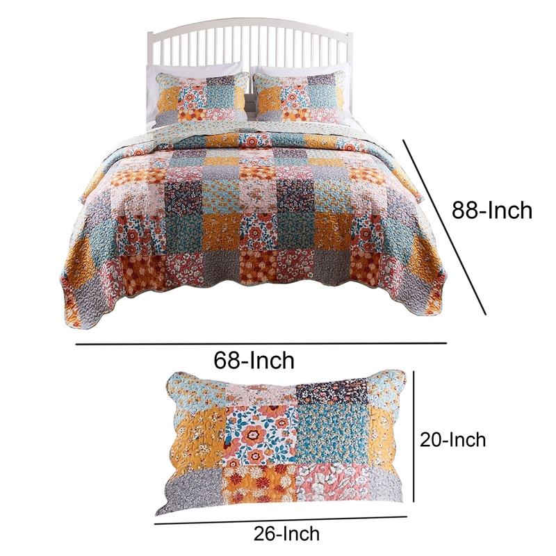 Benjara 2 Piece Twin Quilt Set with Floral Print- Multicolor