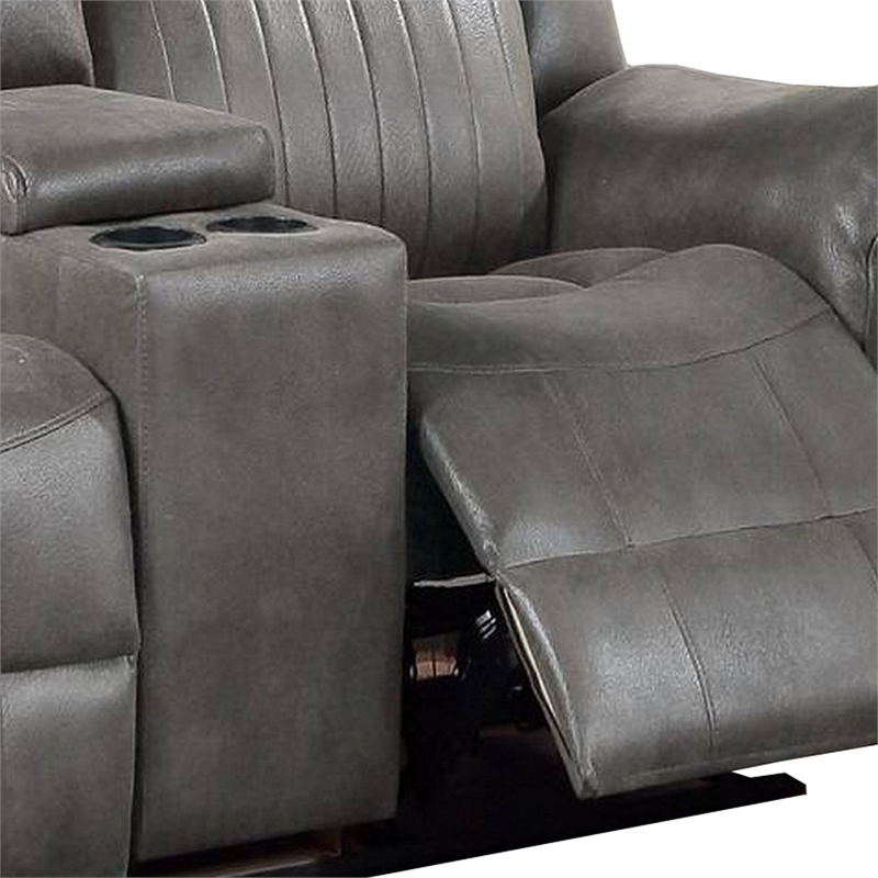 Benjara Fabric Manual Loveseat with 2 Cupholders and Console- Gray