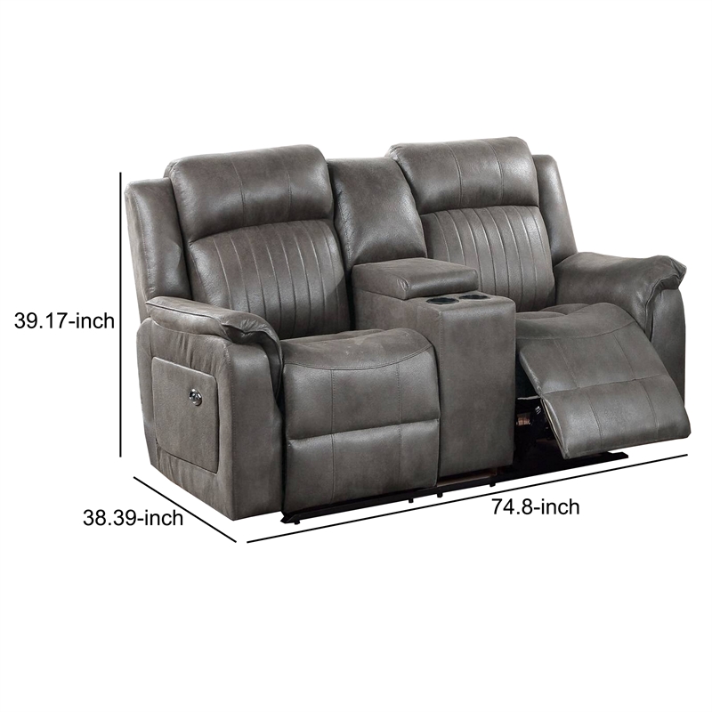 Benjara Fabric Manual Loveseat with 2 Cupholders and Console- Gray