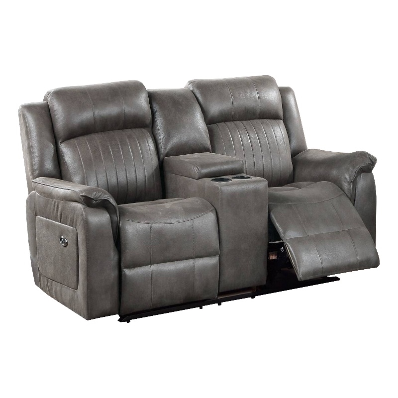 Benjara Fabric Manual Loveseat with 2 Cupholders and Console- Gray