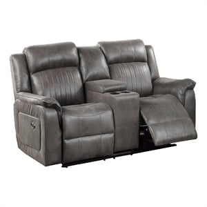 Benjara Fabric Manual Loveseat with 2 Cupholders and Console- Gray