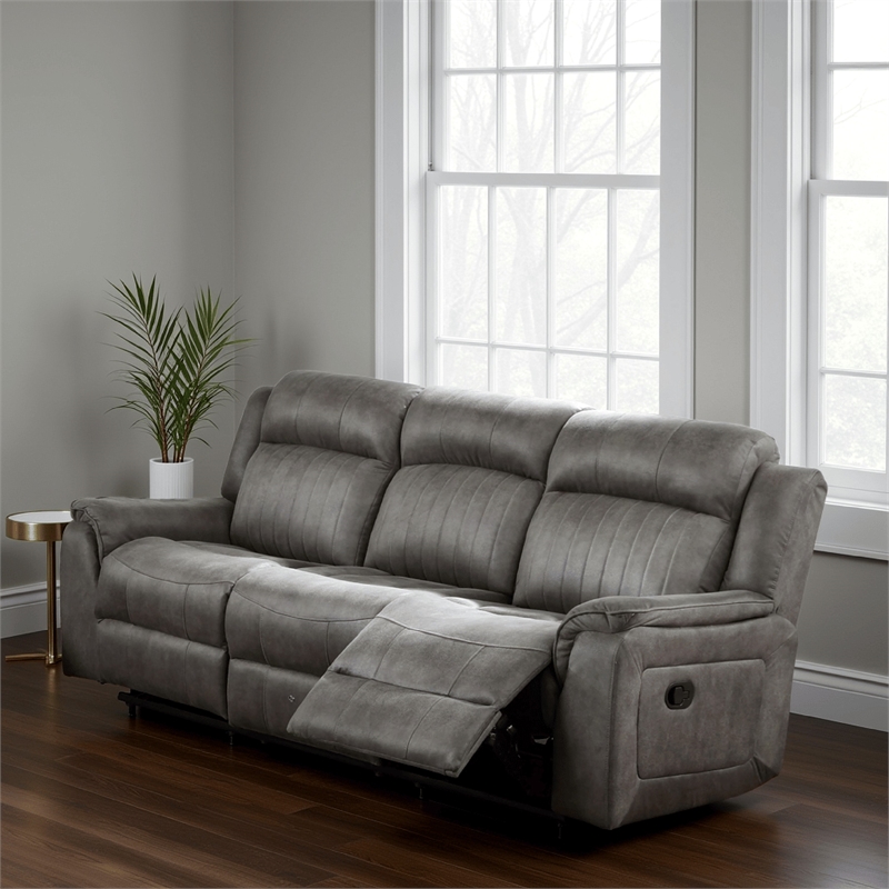 Benjara Fabric Manual Motion Sofa with Pillow Top Arms- Gray