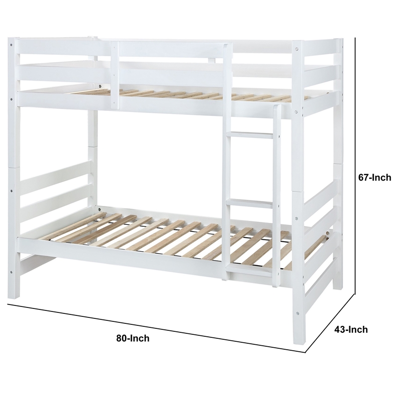 Benjara Wooden Twin Over Twin Bunk Bed with Attached Ladder- White