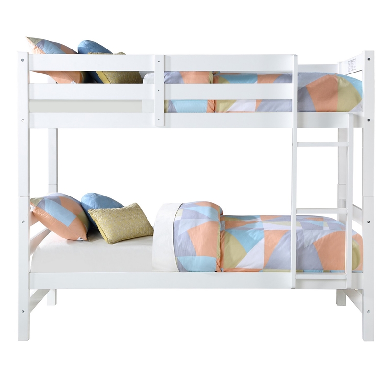 Benjara Wooden Twin Over Twin Bunk Bed with Attached Ladder- White