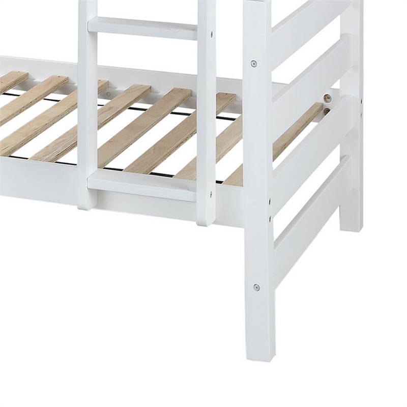 Benjara Wooden Twin Over Twin Bunk Bed with Attached Ladder- White