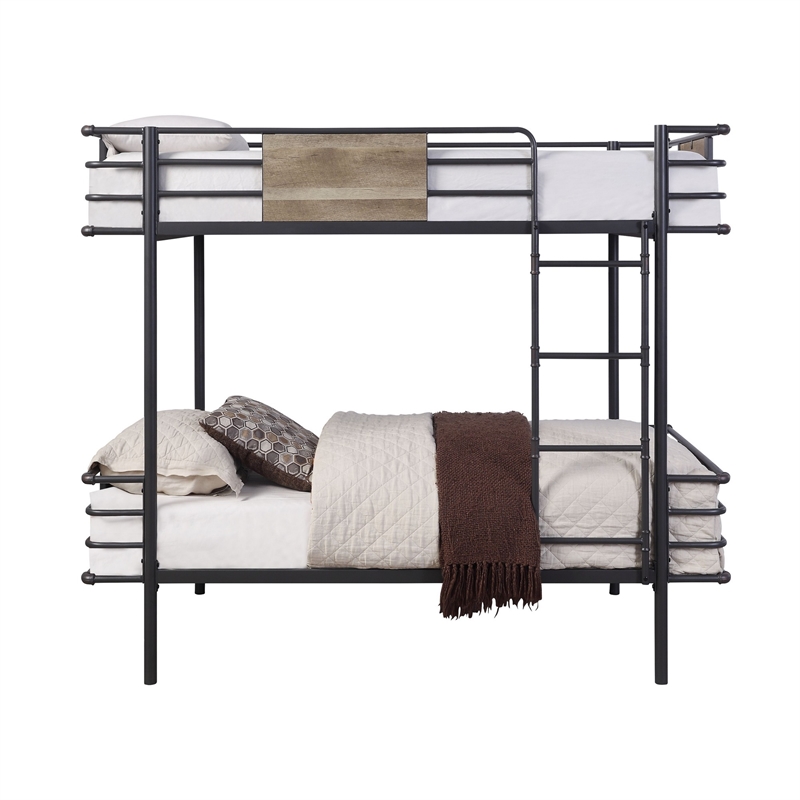 Benjara Metal Twin Over Twin Bunk Bed with Attached Ladder- Black