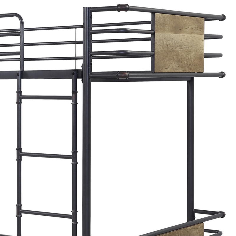 Benjara Metal Twin Over Twin Bunk Bed with Attached Ladder- Black
