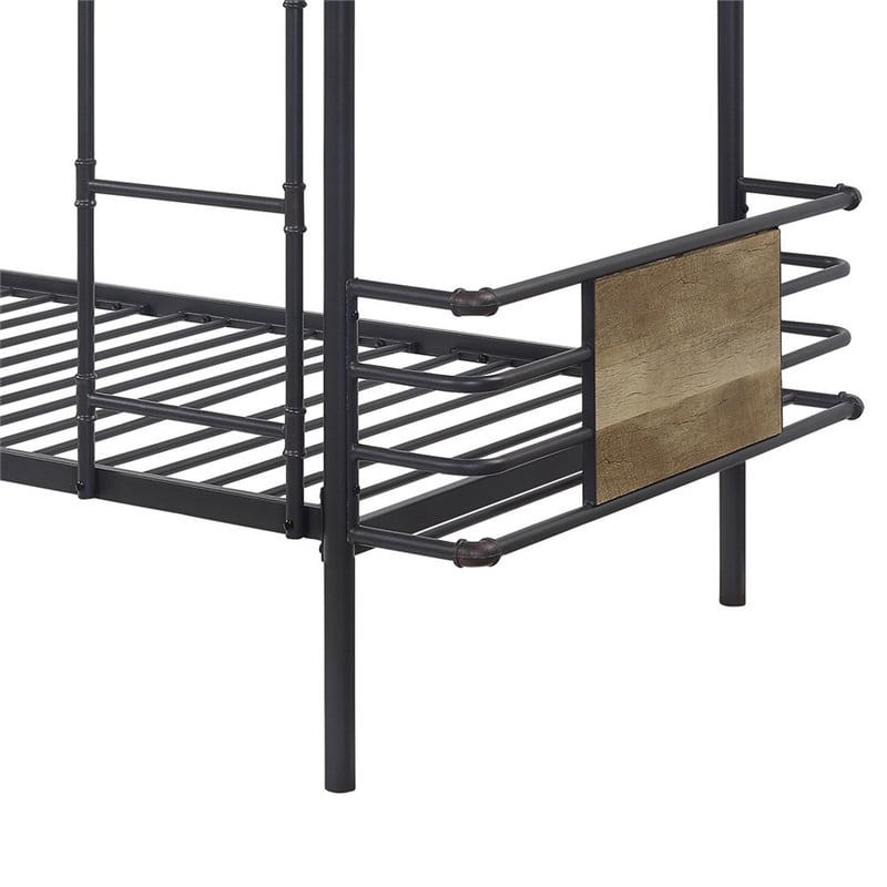 Benjara Metal Twin Over Twin Bunk Bed with Attached Ladder- Black