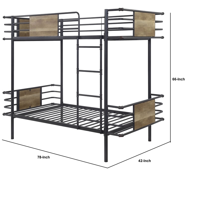 Benjara Metal Twin Over Twin Bunk Bed with Attached Ladder- Black