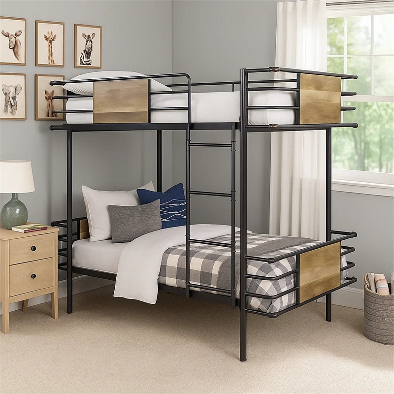 Benjara Metal Twin Over Twin Bunk Bed with Attached Ladder- Black